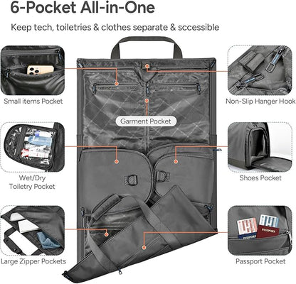 travel inspira Convertible Garment Bag for Travel, Carry On Garment Duffle Weekender with Extended Shoe Compartment & Shoulder Straps, 2 in 1 Waterproof Hanging Suitcase Suit Bag