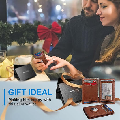 Airtag Slim Leather Wallet for Men - 12-Card Capacity, Magnetic Closure, Money Clip & Simplified Bill Compartment, RFID Blocking (4.3" x 3.0") | Gift Boxed