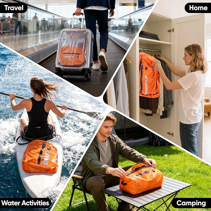 Vacuum Bags for Travel with Pump, Vacuum Packing Cubes for Travelers, Vacuum Seal Bags for Clothing, Reusable IP68 Waterproof Airless Travel Bags for Luggage, Backpack & Suitcase (Orange 2PC + Pump)
