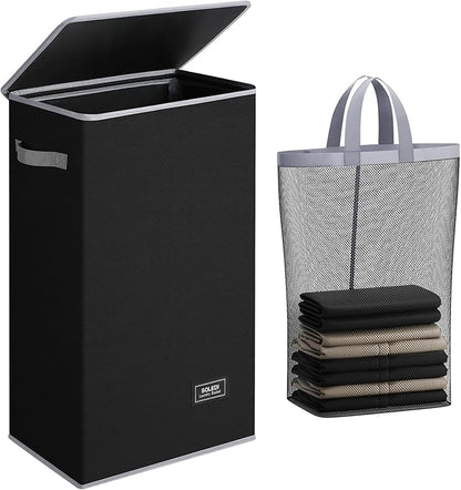 SOLEDI Slim Laundry Hamper with Lid, Narrow Laundry Basket with Removable Bags, Dirty Clothes Hamper with handle, Small Hamper perfect for Laundry room, Bathroom, Bedroom, Small spaces. 70L Black