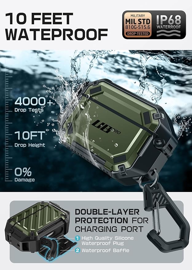 SUPCASE for AirPods Pro 3 Case with Lock & Carabiner, [IP68 Waterproof] [Military-Grade Protection] [Supports Wireless Charging] Anti-Scratch Hard Shell Cover for AirPods Pro 3rd Gen, Guldan