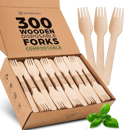 Wooden Disposable Forks - 300 Piece Wood Compostable Forks - Eco-Friendly Biodegradable Utensils for Party - Free From Plastic Cutlery Set - Disposable Cutlery Fork for Eating - Compostable Utensils