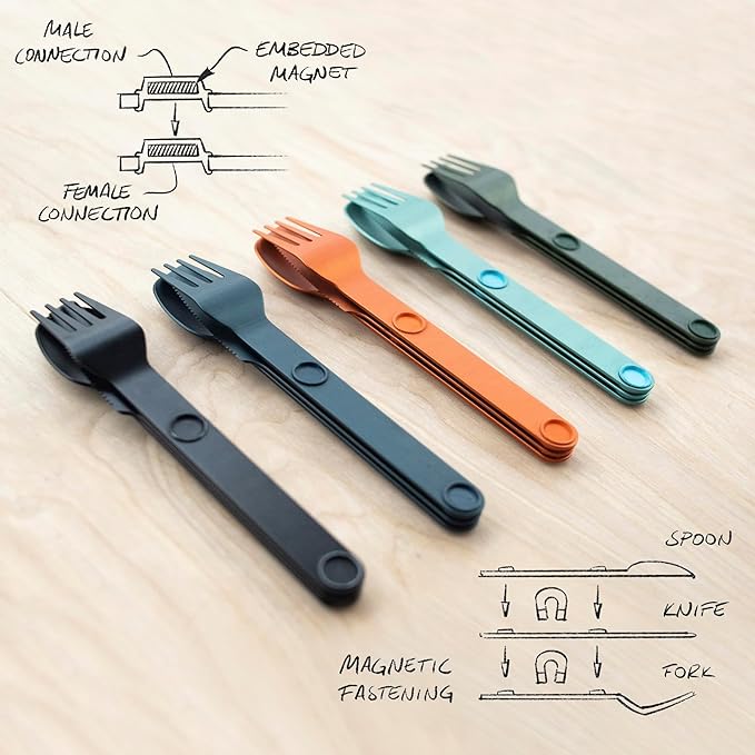 FULL WINDSOR - MAGWARE Magnetic Camping Cutlery Set - Travel Utensils for Camping, Cooking, and Outdoor Dining - Knife, Fork & Spoon - Portable Silverware with Pouch - Multicolor (15 PCS)