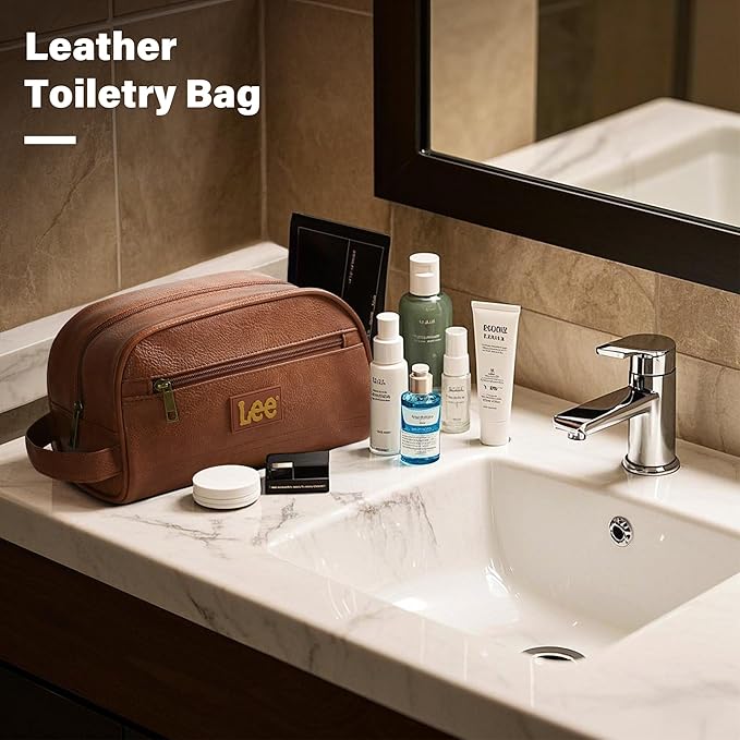 Lee Toiletry Bag for Men, PU Leather Travel Dopp Kit, Water-Resistant Men's Shaving Kit Bathroom Organizer, Gifts for Men