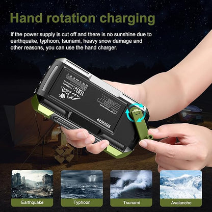 Solar Charger Power Bank 73200mAh, Portable Laptop Charger with 100W USB-C in/Output, Built-in Cables, Hand Crank Power Bank for Mobile Phones, Ideal for Outdoor Use with SOS/Strobe/Strong (green)