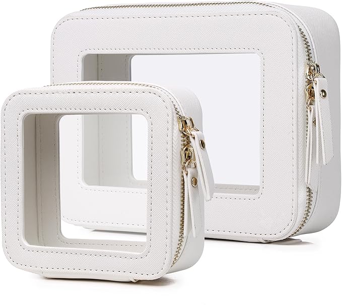 Pinkmik Clear Makeup Bag Waterproof Travel Case for Cosmetics and Toiletries Women's Purse Organizer and Clear Car Bag with Zipper (White, M+MINI)