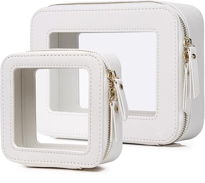 Pinkmik Clear Makeup Bag Waterproof Travel Case for Cosmetics and Toiletries Women's Purse Organizer and Clear Car Bag with Zipper (White, M+MINI)