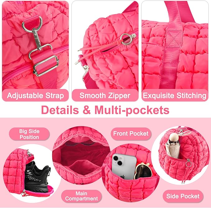 Quilted Travel Duffle Bag Gym Bag for Women,Large Puffer Duffle Weekender Bag with Compartment,Workout Overnight Carry on Organizer Bag Duffle Bag for Airplane Travel(Rosered)