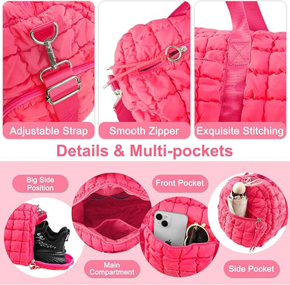 Quilted Travel Duffle Bag Gym Bag for Women,Large Puffer Duffle Weekender Bag with Compartment,Workout Overnight Carry on Organizer Bag Duffle Bag for Airplane Travel(Rosered)