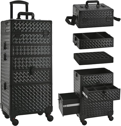 Makeup Train Case with Drawer, Rolling Makeup Case, Cosmetology Case on Wheels, Gift, Large Makeup Case Organizers, Professional for Salon Barber, Nail, Tattoo, Black