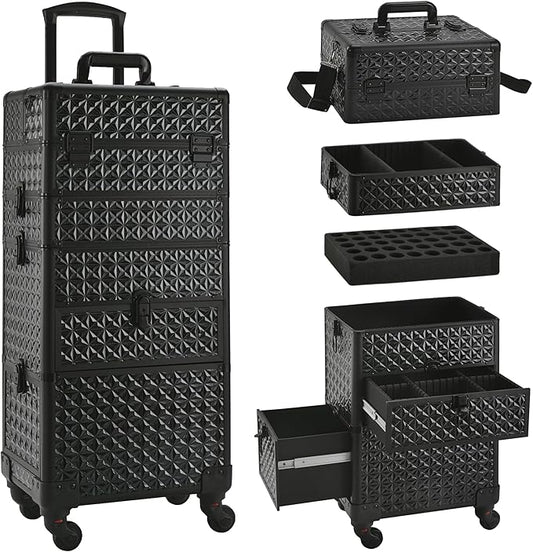 Makeup Train Case with Drawer, Rolling Makeup Case, Cosmetology Case on Wheels, Gift, Large Makeup Case Organizers, Professional for Salon Barber, Nail, Tattoo, Black