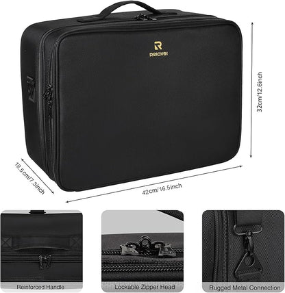 Relavel Large Makeup Organizer Profession Makeup Bag Extra Large Makeup Case with Adjustable Dividers, Adjustable Angle Fixed Belt and Shoulder Strap