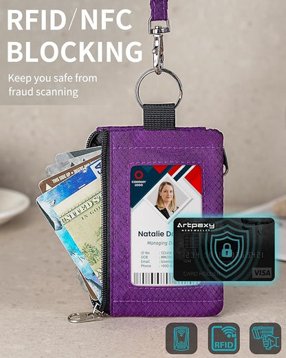 Minimalist Wallet For Mens Womens, Keychain RFID Blocking Zipper Small Wallet with ID Window 2 Lanyards,Water Resistant Travel Cash Card Coin Case Boys Girls