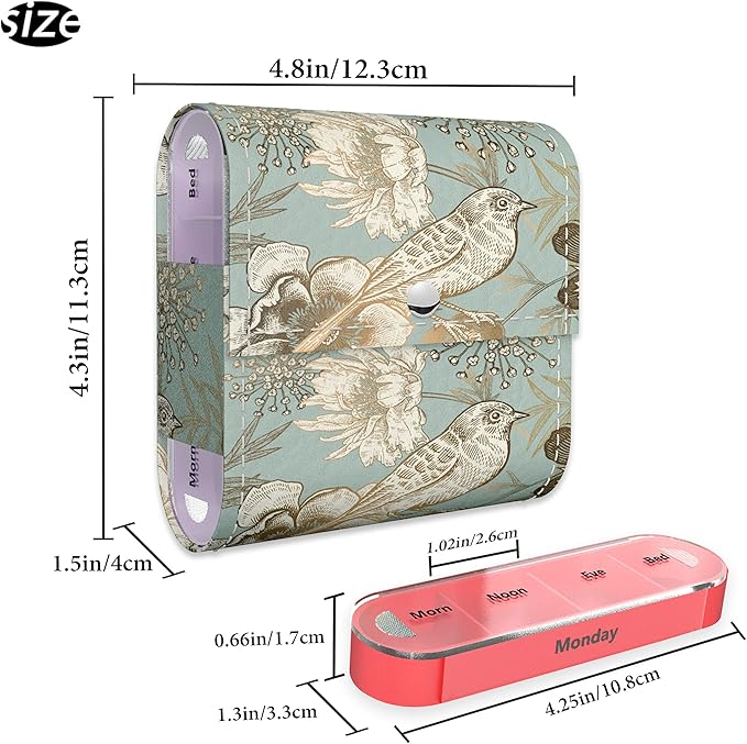 Pill Organizer,LIZIMANDU Weekly Travel Pill Case Box Medication Reminder Daily AM PM, Day Night 7 Compartments,for 4 Times A Day, 7 Days a Week-Includes Leather PU Carrying Case (Blue Bird)