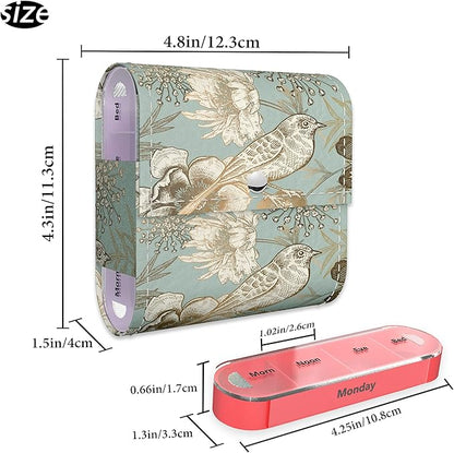 Pill Organizer,LIZIMANDU Weekly Travel Pill Case Box Medication Reminder Daily AM PM, Day Night 7 Compartments,for 4 Times A Day, 7 Days a Week-Includes Leather PU Carrying Case (Blue Bird)