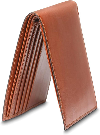 Bosca Men's Old Italian Leather Wallet RFID Blocking Modern Bifold Executive Design 8 Card Slots, Made in Italy - Amber Brown