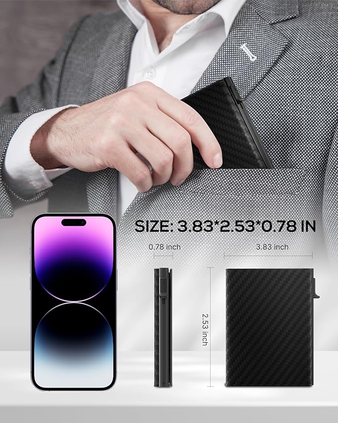 Mens Wallet Card Holder - Smart Wallet for Men, Pop Up Card Case, Top Grain Leather, RFID Blocking, Slim, Minimalist, Ultra-Thin, Front Pocket, 12 Card Capacity | ID Window | Cash Slot (Carbon Fiber)
