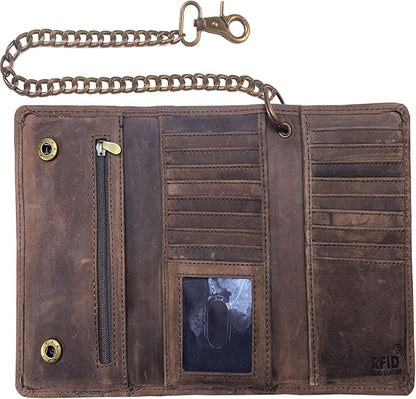 IBRO VINTAGE Motorcycle Chain Wallet for Men – Premium Cowhide Leather, RFID Tri-Fold Biker Wallet with Heavy Duty Chain for Bikers Truckers & Hunters, Credit Card Money Organizer Long Wallet