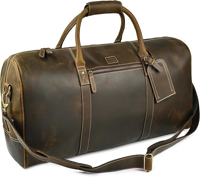 Leather Village Premium Leather Duffel Bags for Men & Women-Stylish Travel Weekender Carry-On Sports Gym Overnight Luggage Bag - 24 Inch - Olive/Army Green