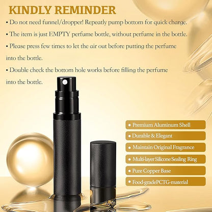 2PCS Perfume Travel Refillable Bottle, Bottom-Filling Fragrances Perfume Atomizer, Empty Mini Cologne Dispenser, Portable Sprayer Pocket Size for On the Go 5ml (Black)