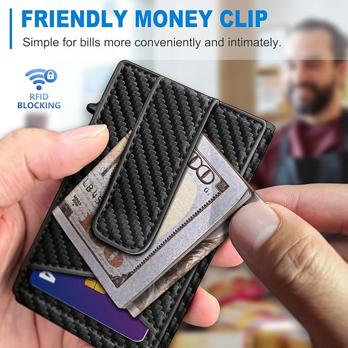 Airtag Wallet for Men,with Money Clip Gift Boxed,Slim Front Pocket Wallet RFID Blocking Metal Case Smart Pop-up Credit Card Holder in Magnetic Leather Flip