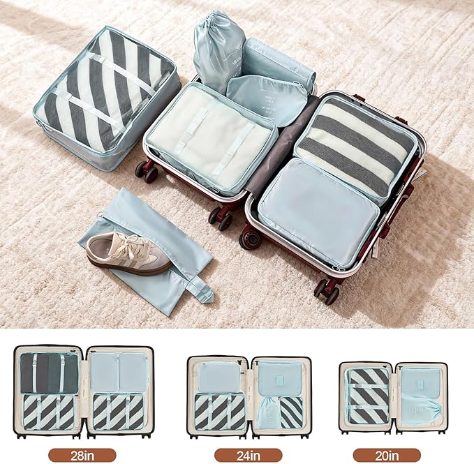 8 Set Compression Packing Cubes for Travel Essentials,Suitcase Organizer Bags, Carry-On Luggage Accessories with Laundry & Toiletry Bag, Road Trip & Camp Gifts for Men and women(blue)