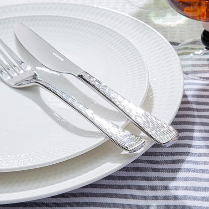 KINGSTONE Hammered Silverware Set, Flatware Set with Serving Utensils, 18/10 Stainless Steel Premium Cutlery with Unique Ripple Handles Design Mirror Polished - Dishwasher Safe (45-Piece)