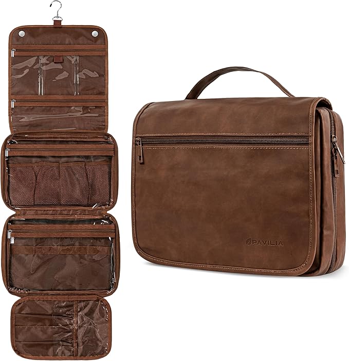 PAVILIA Hanging Toiletry Bag Women Men, Foldable Cosmetic Organizer Travel Bag, Water Resistant Makeup Bag Toiletries, Large Travel Essentials Kit (Dark Brown)