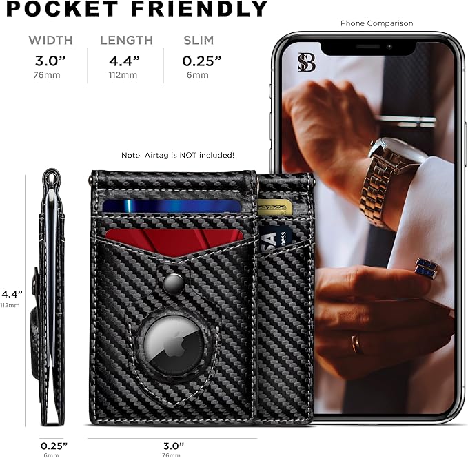 SERMAN BRANDS AirTag Wallet - RFID Blocking Mens Minimalist Money Clip Wallet for Airtag - Full Grain Leather - Slim Bifold. Front Pocket for Air tag Wallets for men. Gift (Carbon Air)