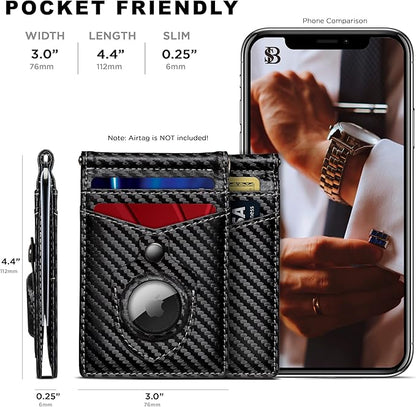 SERMAN BRANDS AirTag Wallet - RFID Blocking Mens Minimalist Money Clip Wallet for Airtag - Full Grain Leather - Slim Bifold. Front Pocket for Air tag Wallets for men. Gift (Carbon Air)