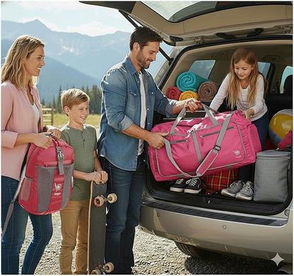 Bago Large Foldable Duffel Bags for Traveling Women & Men - 80L Packable Duffle Bag for Travel with Shoe Compartment - Water Repellant, Heavy Duty, Lightweight Folding & Collapsible (Pink)