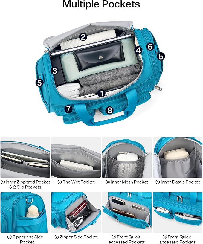 MILADA Underseat Carry On Luggage Bags for Travel Lightweight Foldable Carry On Bags for Airplanes Small Duffle Bag for Men Women Personal Weekend Overnight Travel Tote Bags, Caribbean Blue