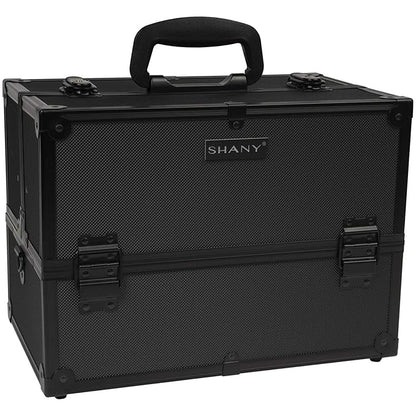 SHANY Essential Pro Makeup Train Case Cosmetic Box Portable Makeup Case Cosmetics Beauty Organizer Jewelry storage with Locks, Multi Compartments Makeup Box and Shoulder Strap - All Black