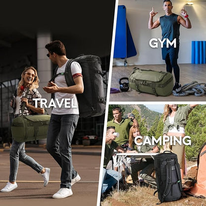 Haimont 45L Gym Duffle Backpack Bag Convertible Travel Duffle with Shoes Compartment for Men Women with Straps, Water-resistant, Army Green