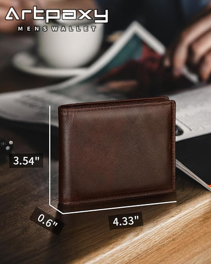 Mens Wallet Genuine Leather Bifold RFID Blocking Wallet for Men with 1 ID Window 13 Card Holders 2 cash pockets 1 Gift Box