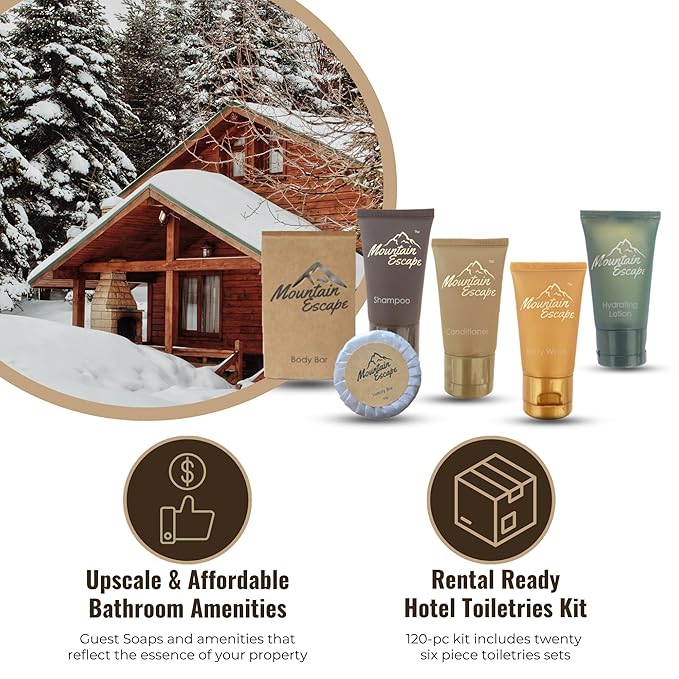 Mountain Escape - Premium Hotel Soaps & Toiletries Bulk Set with 1oz Travel Size Shampoo and Conditioner, Body Wash, Lotion, and 2 guest Soaps - Rental Ready Amenities Kit (120 Pieces)