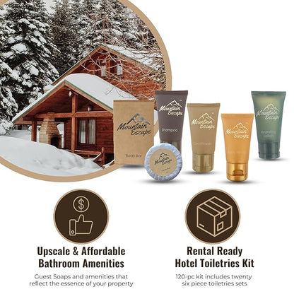 Mountain Escape - Premium Hotel Soaps & Toiletries Bulk Set with 1oz Travel Size Shampoo and Conditioner, Body Wash, Lotion, and 2 guest Soaps - Rental Ready Amenities Kit (120 Pieces)