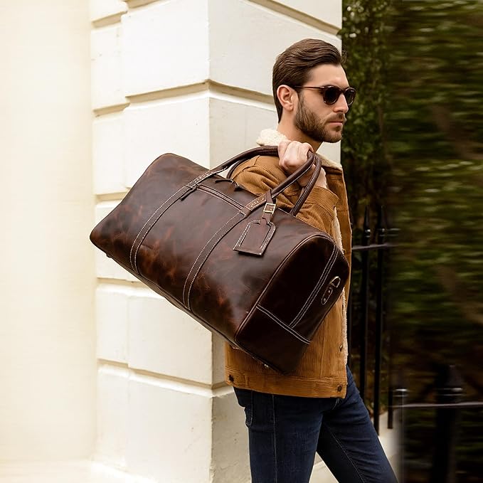 21 Inch Genuine Buffalo Leather Travel Duffle Bag | Overnight Weekend Leather Bag | Sports Gym Duffel for Men| Airplane Under Seat Carry on Bags (brown)