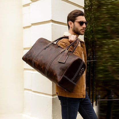 21 Inch Genuine Buffalo Leather Travel Duffle Bag | Overnight Weekend Leather Bag | Sports Gym Duffel for Men| Airplane Under Seat Carry on Bags (brown)