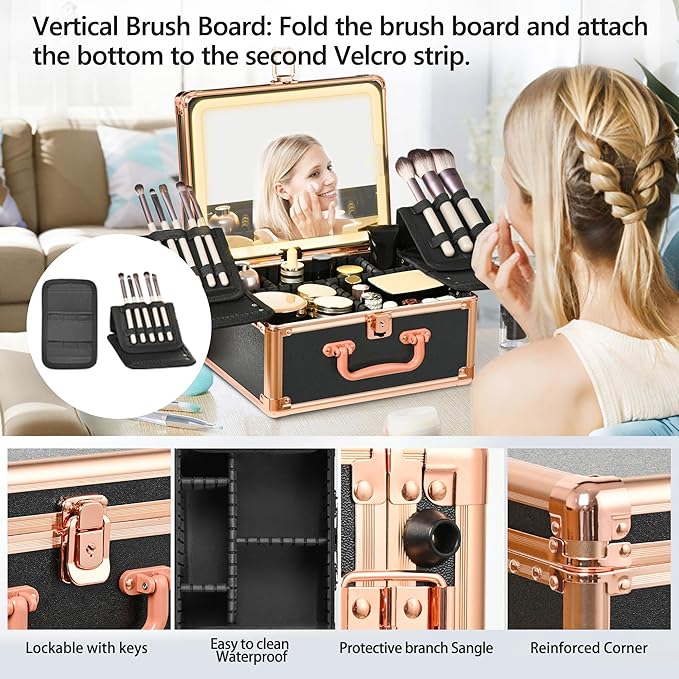 Makeup Case with Lighted Mirror, Makeup Box Organizer with Detachable LED Mirror, Travel Makeup Train Case, Waterproof Cosmetic Organizer, Standing Makeup Brush Holder, Gift, Black Gold