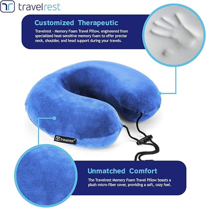 TRAVELREST Travel Essential Neck Pillow Curl - Memory Foam, Washable Micro-Fiber Cover, Soft and Comfortable Head Support for Long Flights, Compact, Attaches to Luggage, Airplanes, Cars, Bus - Blue
