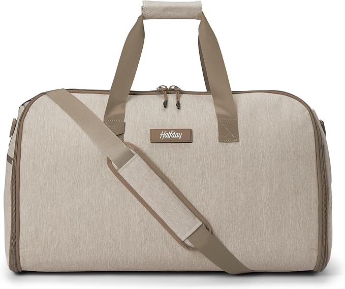 Halfday Convertible 2-in-1 Garment Duffel Weekender Bag 45L | Wrinkle-Free Travel, Hanging Suit Compartment, Shoe Pockets, Trolley Sleeve. Durable & Water-Resistant Carry-On, Stone