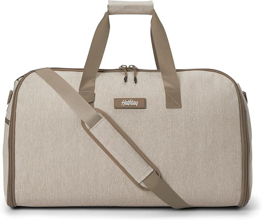 Halfday Convertible 2-in-1 Garment Duffel Weekender Bag 45L | Wrinkle-Free Travel, Hanging Suit Compartment, Shoe Pockets, Trolley Sleeve. Durable & Water-Resistant Carry-On, Stone