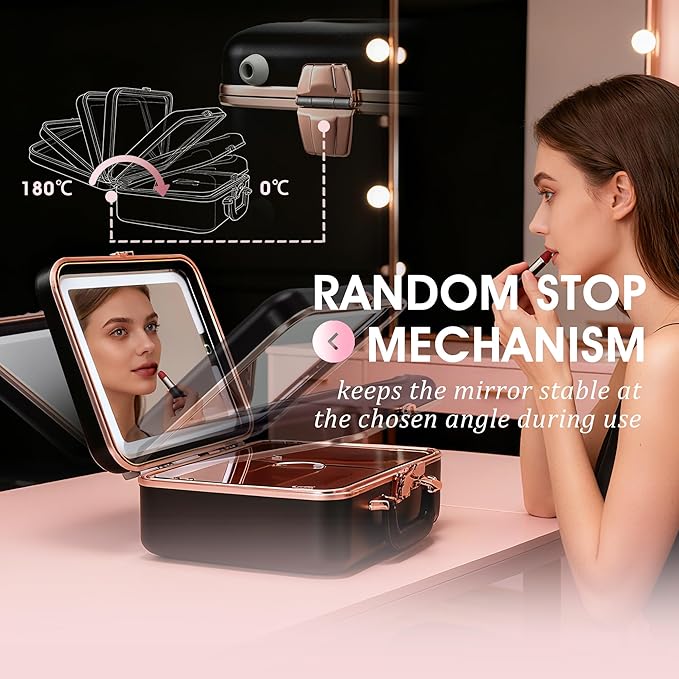 Travel Makeup Case with LED Lighted Mirror 12 Inch Portable Makeup Box Organizer Adjustable Brightness in 3 Colors Cosmetic Storage Case with Dividers Hard Aluminum Shell Vanity Box Black