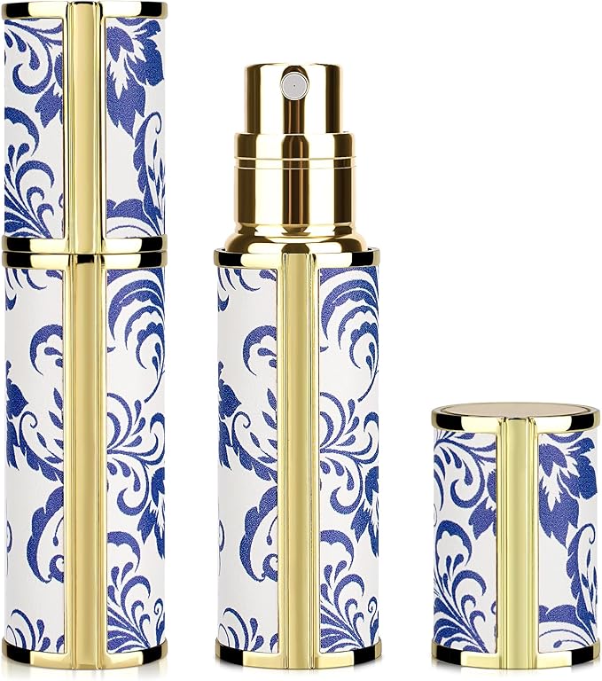 LUEXBOX Portable Perfume Bottle for Travel, Mini Refillable Perfume Dispenser, 5ml Faux Leather Leak Proof Perfume Atomizers, Blue and White Bottles Sprayer for Pocket Perfume (Blue Grass)