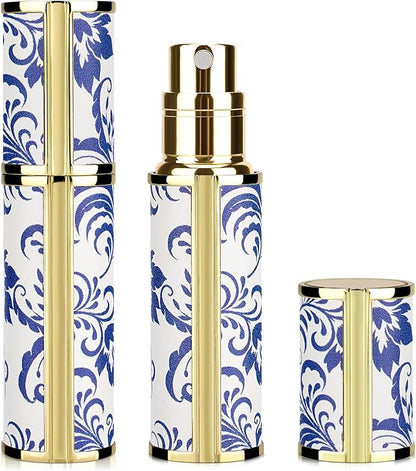 LUEXBOX Portable Perfume Bottle for Travel, Mini Refillable Perfume Dispenser, 5ml Faux Leather Leak Proof Perfume Atomizers, Blue and White Bottles Sprayer for Pocket Perfume (Blue Grass)