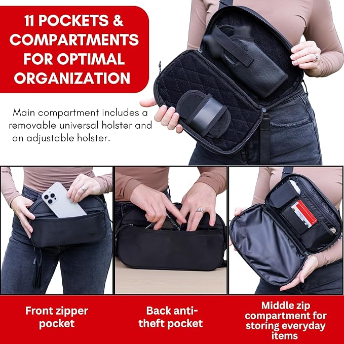 Concealed Carry Fanny Pack & Sling Bag for Men & Women – Tactical Crossbody EDC Waist Bag with Two Removable Holsters, CCW Fast-Access Interior & Multiple Organizer Pockets for Travel & Outdoor Use