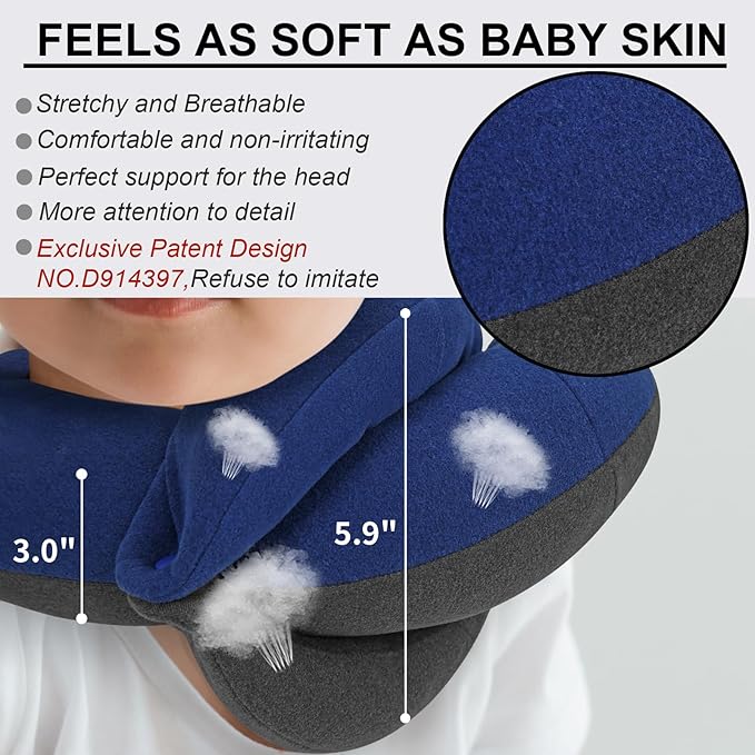 BUYUE Kids Travel Pillows for Airplane, 360° Head Support Sleeping Essentials for Boys Long Flight, Skin-Friendly Soft Neck Pillow for Traveling in Car Seat, (Small, Blue Grey, 40-90 lbs)