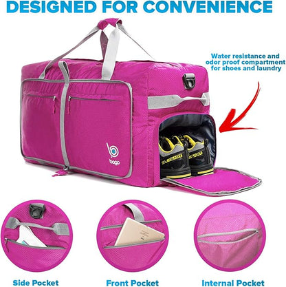 Bago Large Foldable Duffel Bags for Traveling Women & Men - 100L Packable Duffle Bag for Travel with Shoe Compartment - Water Repellant, Heavy Duty, Lightweight Folding & Collapsible (Pink)