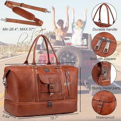 weiatas Faux Leather Travel Duffel Bag for Women Men, Large Weekender Overnight Bag with Shoes Compartment, Waterproof Carry On Bag Travel Tote Bag Gym Bag with Luggage Strap (Brown)